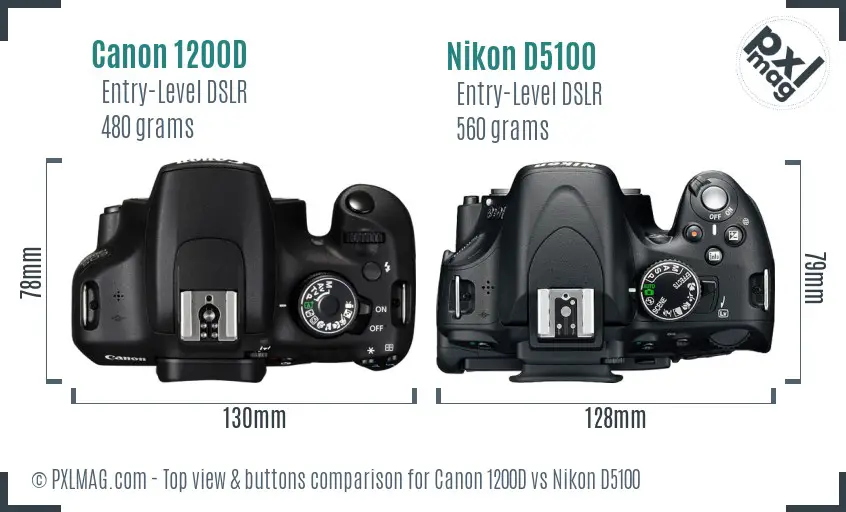 Canon 1200D vs Nikon D5100 top view buttons comparison