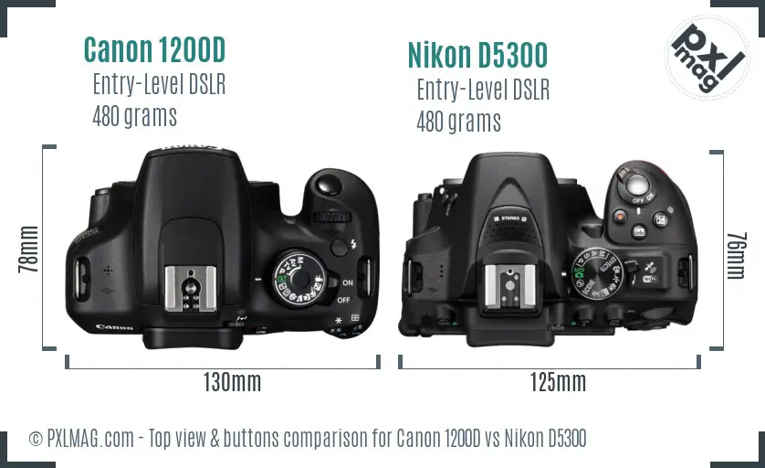 Canon 1200D vs Nikon D5300 top view buttons comparison