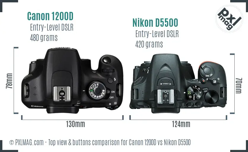 Canon 1200D vs Nikon D5500 top view buttons comparison