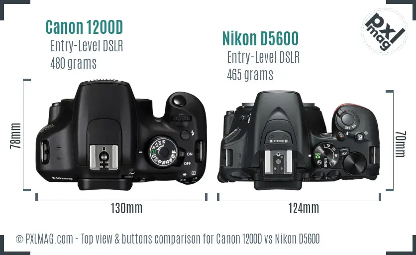Canon 1200D vs Nikon D5600 top view buttons comparison