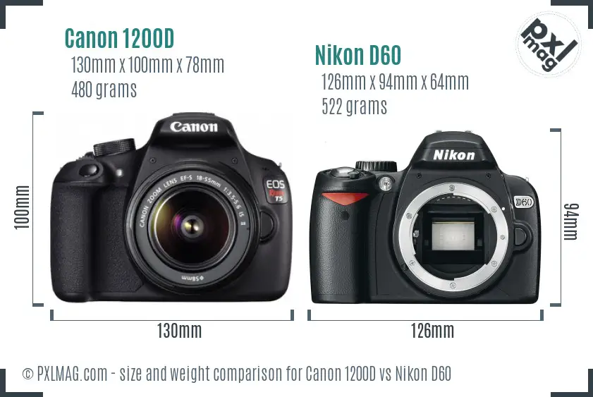 Canon 1200D vs Nikon D60 size comparison