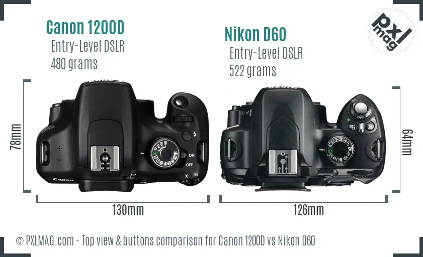 Canon 1200D vs Nikon D60 top view buttons comparison