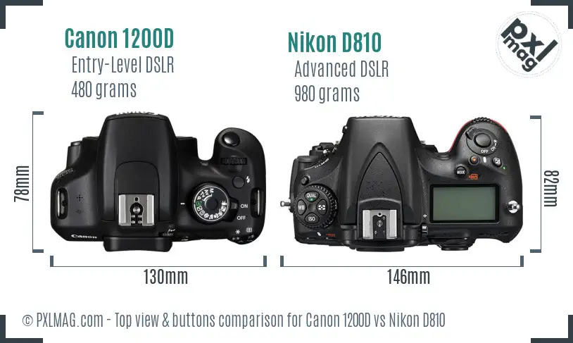 Canon 1200D vs Nikon D810 top view buttons comparison Canon 1200D vs Nikon D810 top view buttons comparison