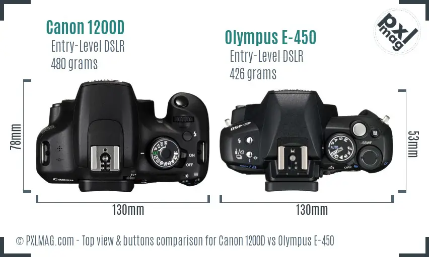 Canon 1200D vs Olympus E-450 top view buttons comparison