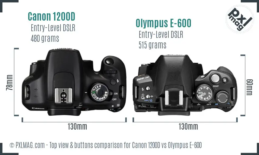 Canon 1200D vs Olympus E-600 top view buttons comparison