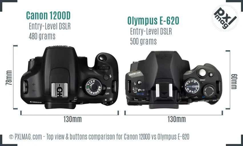 Canon 1200D vs Olympus E-620 top view buttons comparison