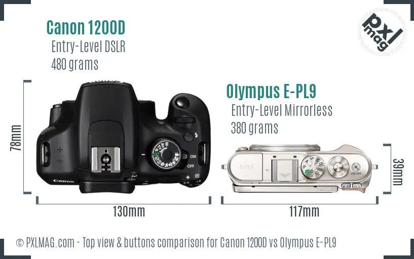 Canon 1200D vs Olympus E-PL9 top view buttons comparison Canon 1200D vs Olympus E-PL9 top view buttons comparison