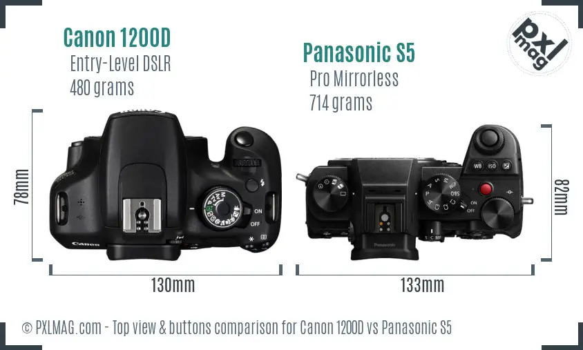 Canon 1200D vs Panasonic S5 top view buttons comparison