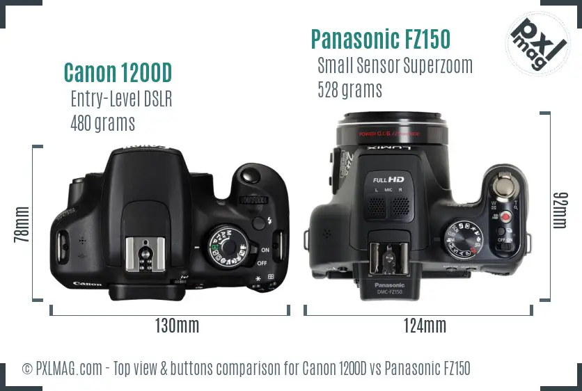 Canon 1200D vs Panasonic FZ150 top view buttons comparison Canon 1200D vs Panasonic FZ150 top view buttons comparison