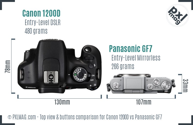 Canon 1200D vs Panasonic GF7 top view buttons comparison