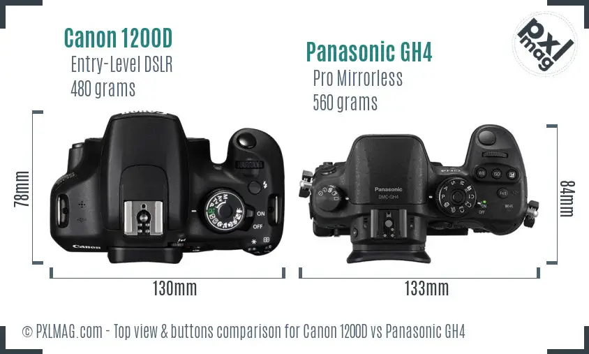 Canon 1200D vs Panasonic GH4 top view buttons comparison Canon 1200D vs Panasonic GH4 top view buttons comparison