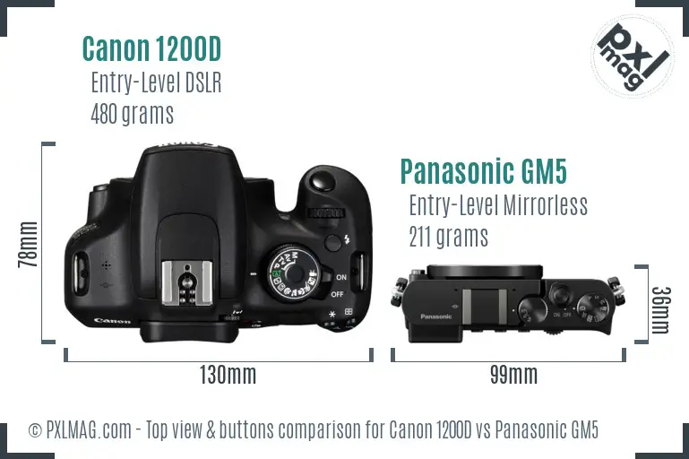 Canon 1200D vs Panasonic GM5 top view buttons comparison
