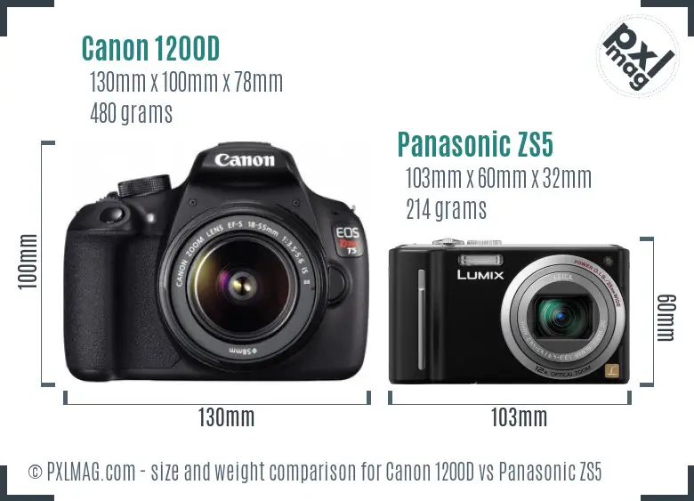 Canon 1200D vs Panasonic ZS5 size comparison