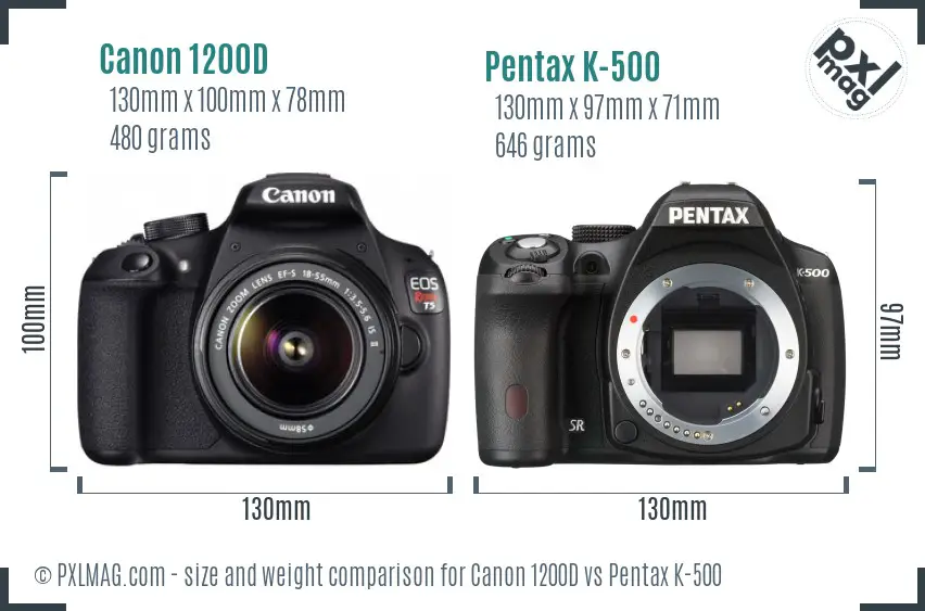 Canon 1200D vs Pentax K-500 size comparison
