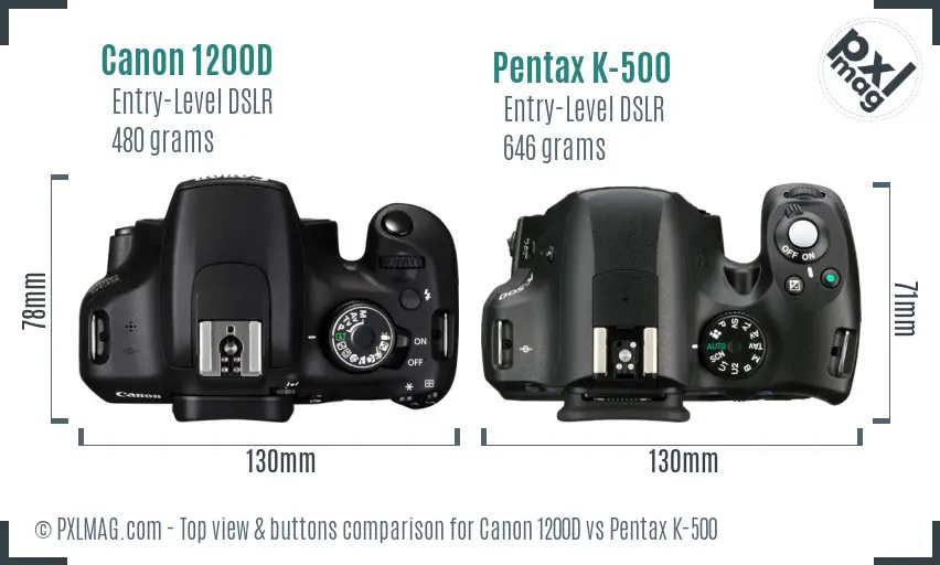 Canon 1200D vs Pentax K-500 top view buttons comparison