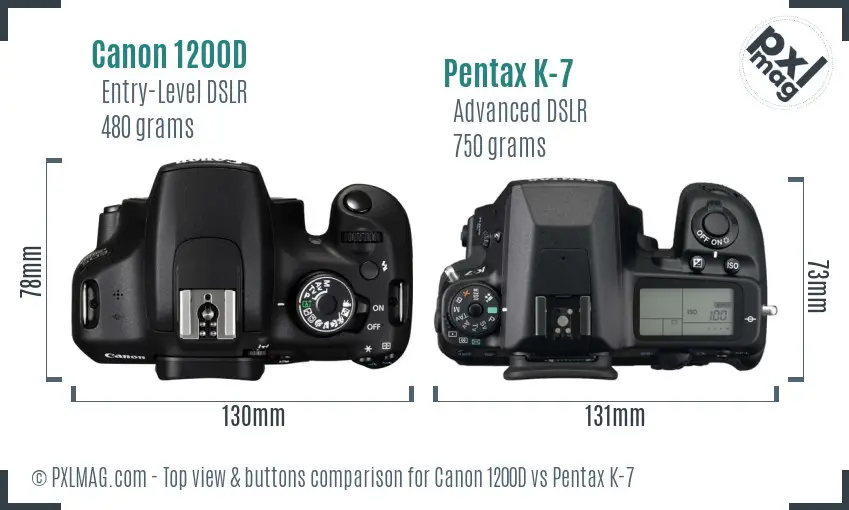Canon 1200D vs Pentax K-7 top view buttons comparison Canon 1200D vs Pentax K-7 top view buttons comparison