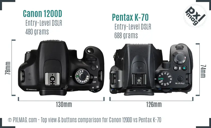 Canon 1200D vs Pentax K-70 top view buttons comparison