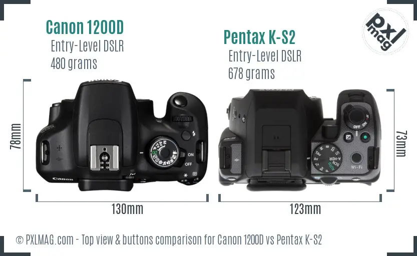 Canon 1200D vs Pentax K-S2 top view buttons comparison