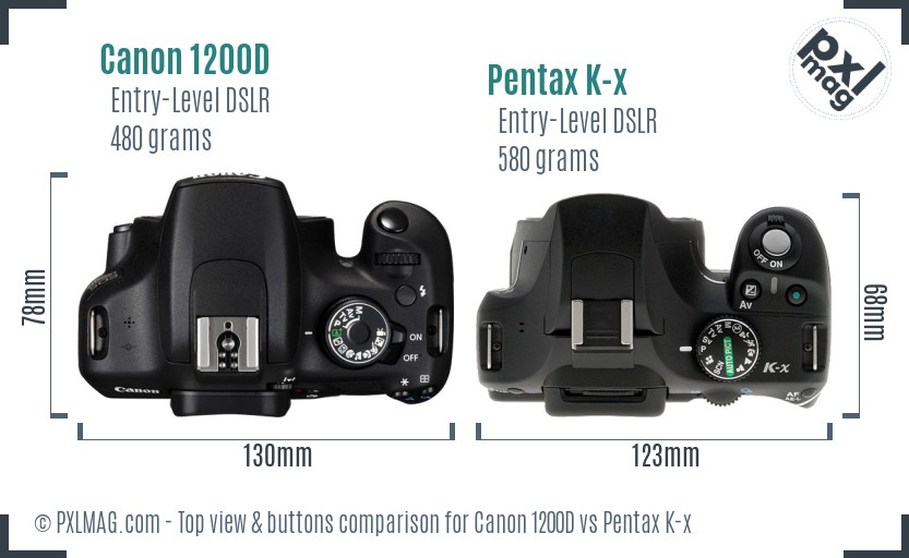 Canon 1200D vs Pentax K-x top view buttons comparison