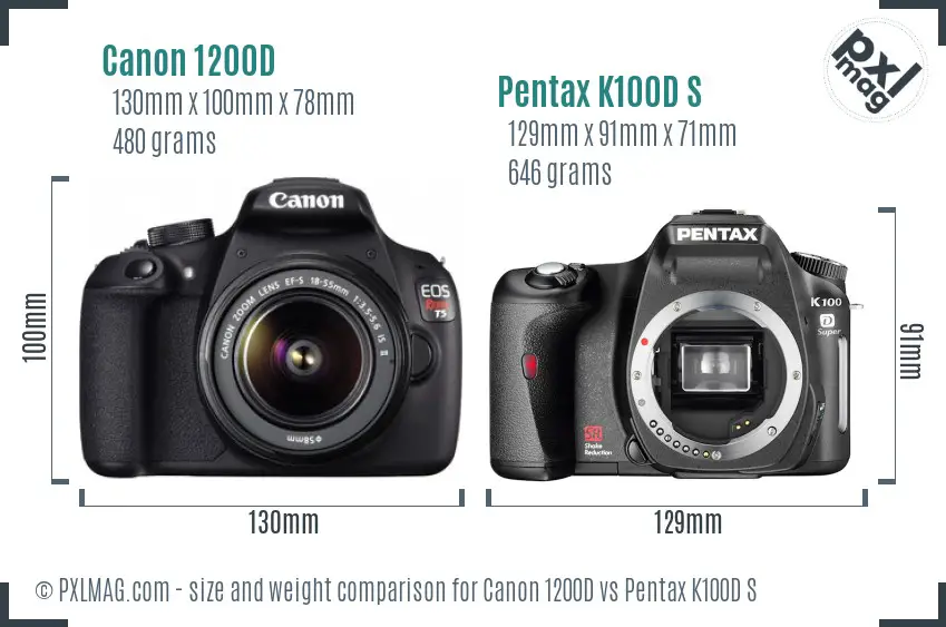 Canon 1200D vs Pentax K100D S size comparison