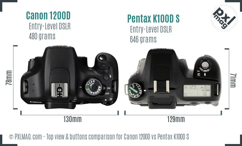 Canon 1200D vs Pentax K100D S top view buttons comparison