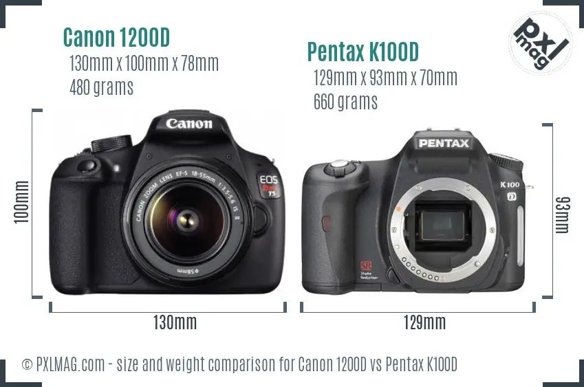 Canon 1200D vs Pentax K100D size comparison
