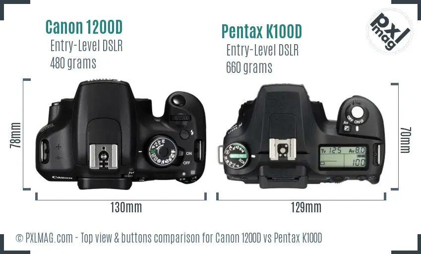 Canon 1200D vs Pentax K100D top view buttons comparison