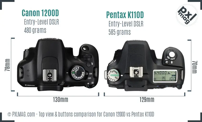 Canon 1200D vs Pentax K110D top view buttons comparison