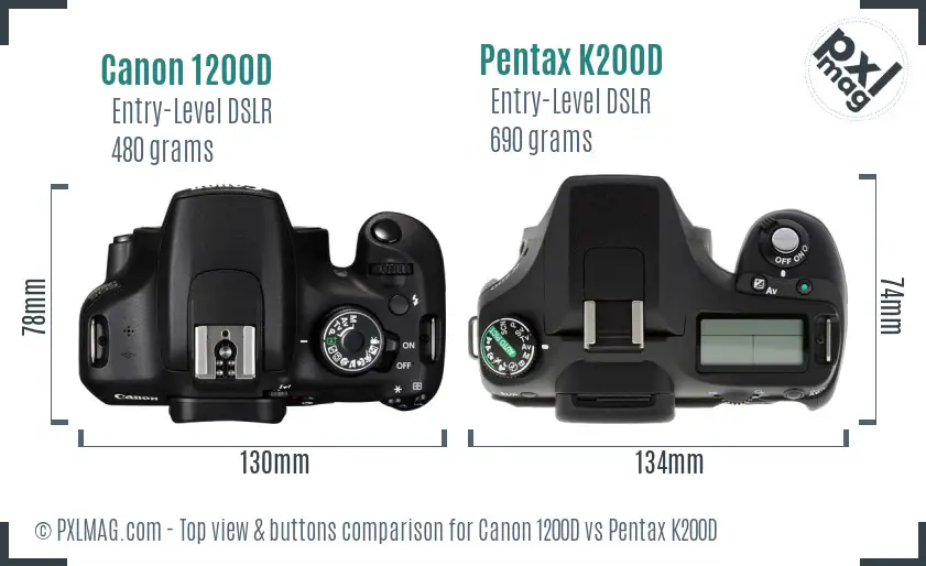 Canon 1200D vs Pentax K200D top view buttons comparison