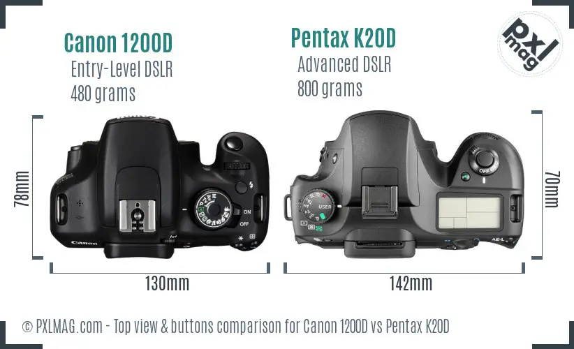Canon 1200D vs Pentax K20D top view buttons comparison