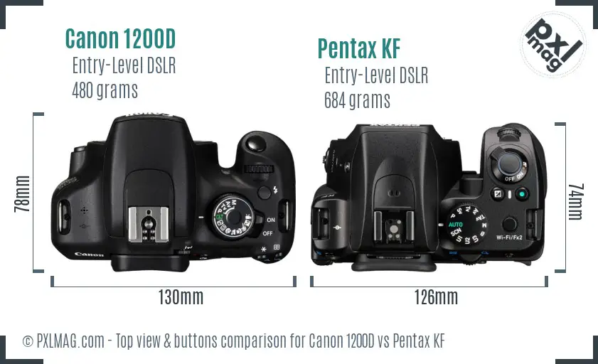 Canon 1200D vs Pentax KF top view buttons comparison
