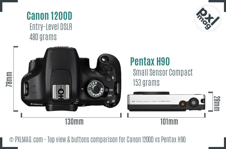 Canon 1200D vs Pentax H90 top view buttons comparison