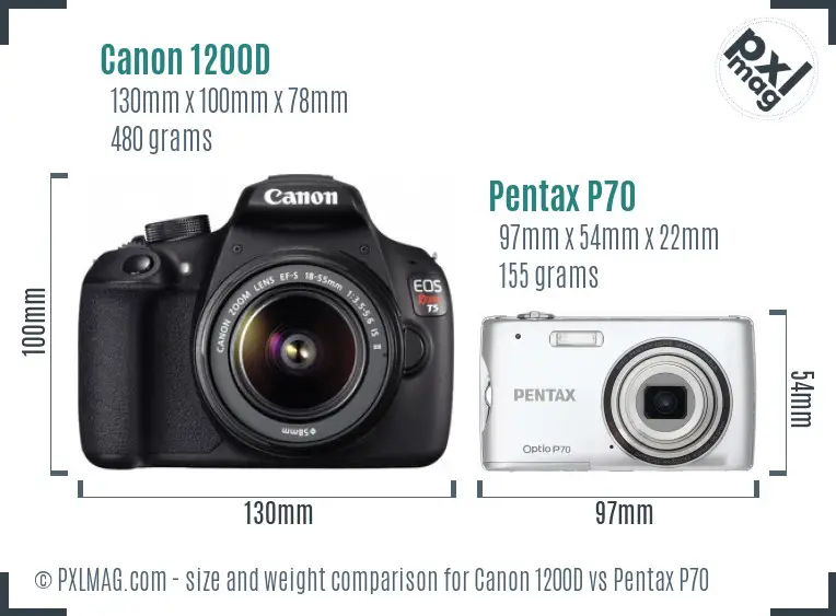 Canon 1200D vs Pentax P70 size comparison