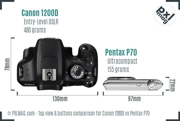 Canon 1200D vs Pentax P70 top view buttons comparison