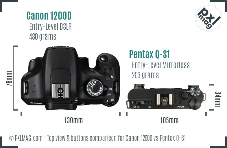 Canon 1200D vs Pentax Q-S1 top view buttons comparison