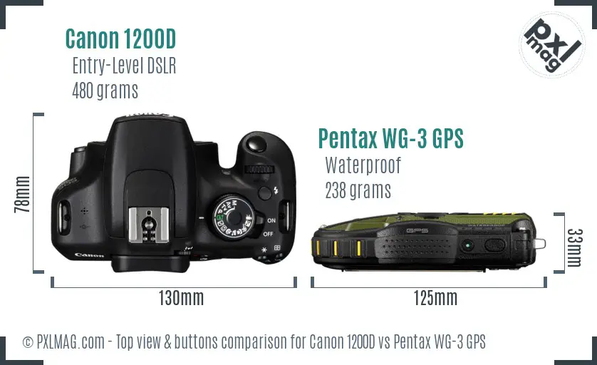 Canon 1200D vs Pentax WG-3 GPS top view buttons comparison Canon 1200D vs Pentax WG-3 GPS top view buttons comparison