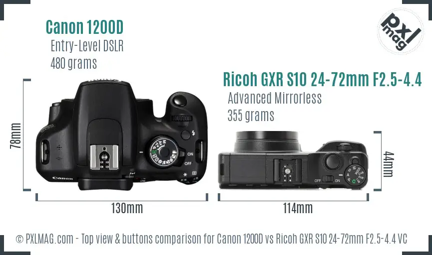 Canon 1200D vs Ricoh GXR S10 24-72mm F2.5-4.4 VC top view buttons comparison