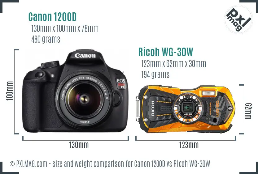 Canon 1200D vs Ricoh WG-30W size comparison