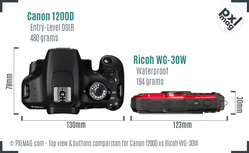 Canon 1200D vs Ricoh WG-30W top view buttons comparison