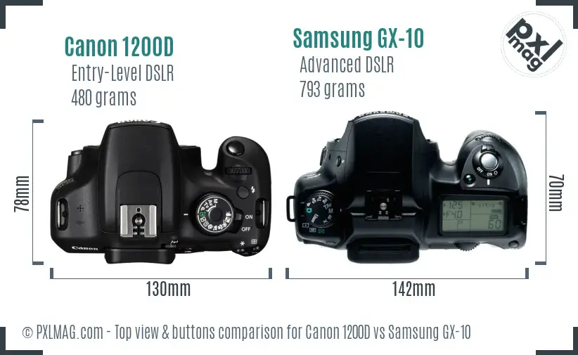 Canon 1200D vs Samsung GX-10 top view buttons comparison