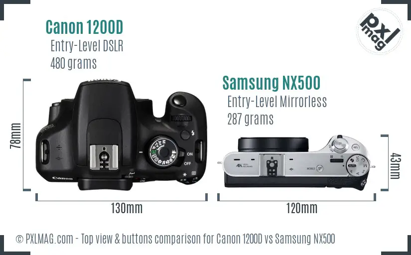 Canon 1200D vs Samsung NX500 top view buttons comparison