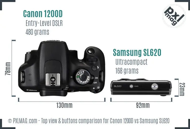 Canon 1200D vs Samsung SL620 top view buttons comparison Canon 1200D vs Samsung SL620 top view buttons comparison