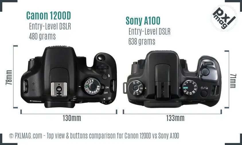 Canon 1200D vs Sony A100 top view buttons comparison