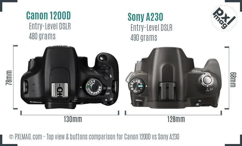 Canon 1200D vs Sony A230 top view buttons comparison