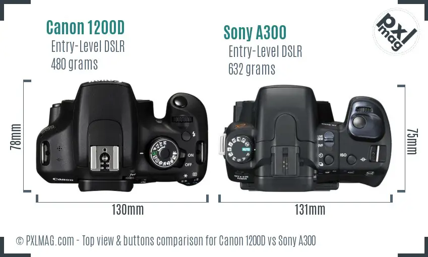 Canon 1200D vs Sony A300 top view buttons comparison