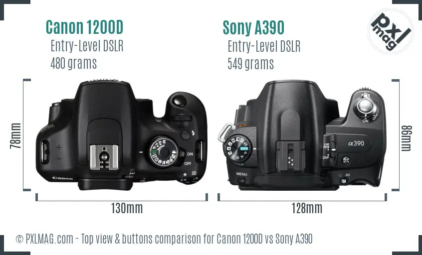 Canon 1200D vs Sony A390 top view buttons comparison