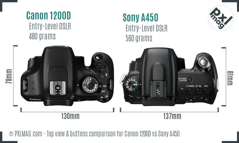 Canon 1200D vs Sony A450 top view buttons comparison