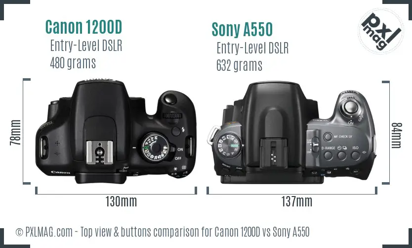 Canon 1200D vs Sony A550 top view buttons comparison
