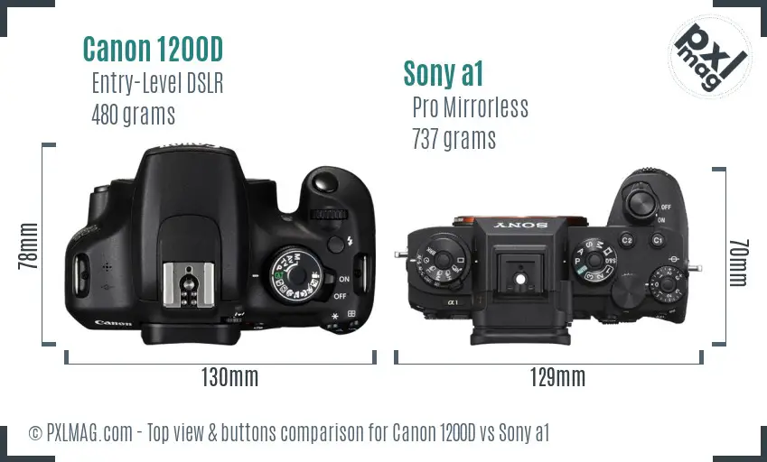 Canon 1200D vs Sony a1 top view buttons comparison Canon 1200D vs Sony a1 top view buttons comparison