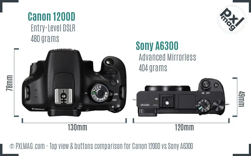 Canon 1200D vs Sony A6300 top view buttons comparison